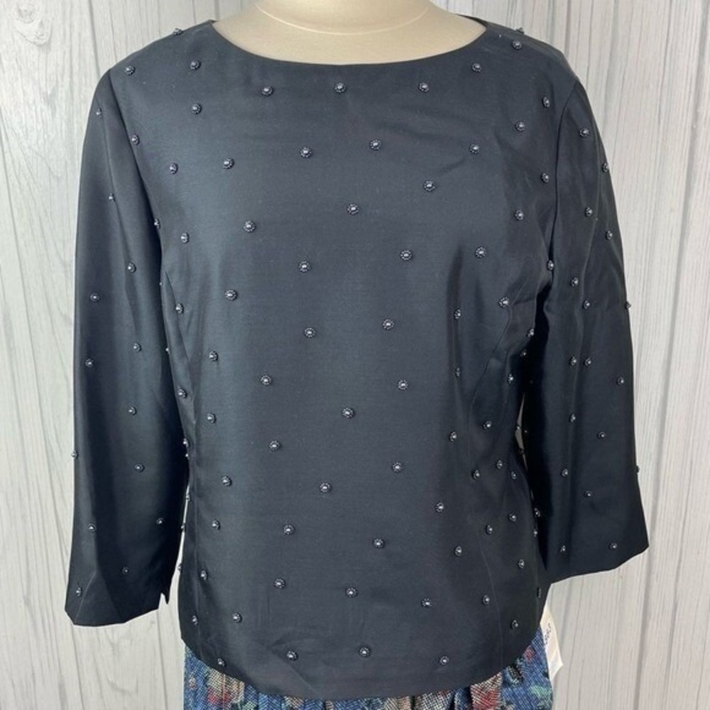 TALBOTS VINTAGE Pure Silk Embellished Black Evening Wear Top, Size 14